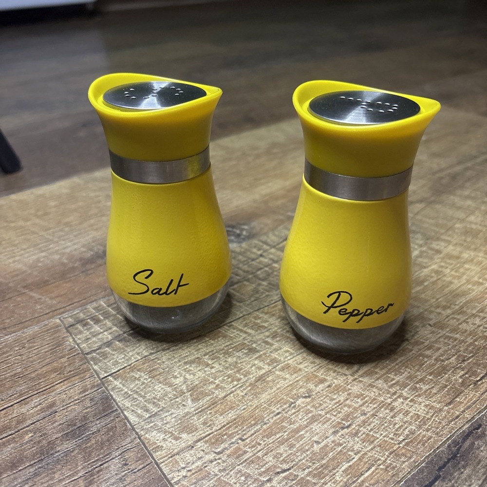 Yellow Salt & Pepper Shaker Set, Plastic w/ Stainless Tops, Labeled, 5in